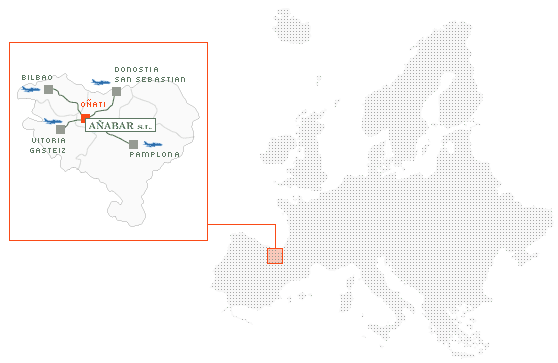 Map showing location of the Basque Country in Spain and Europe. Also, map showing location of Oati in the Basque Country as well as access roads from Bilbao, Donostia-San Sebastian , Vitoria-Gasteiz and Pamplona.